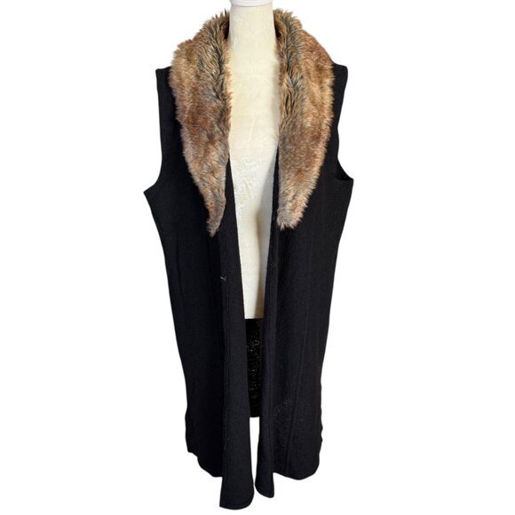 Nine West XL black wool with faux fir trim sleeveless midi length wool coat - Picture 8 of 12